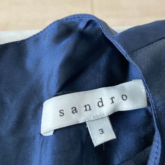 Sandro black & blue striped short sleeve dress, zipper detail, round neck (L) - Picture 5 of 6